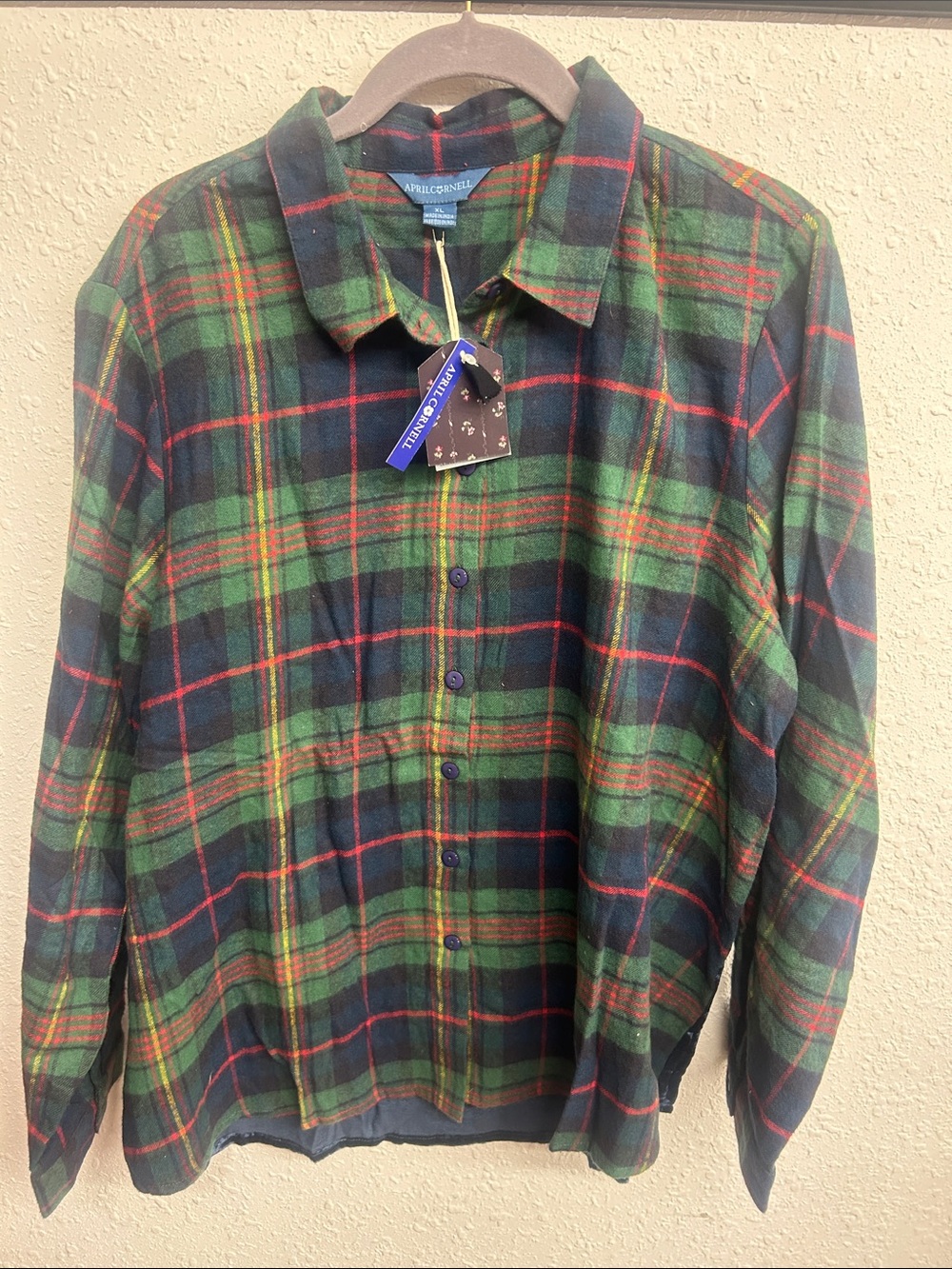 April Cornell Green Navy Plaid Button-Front Shirt with Red Accents